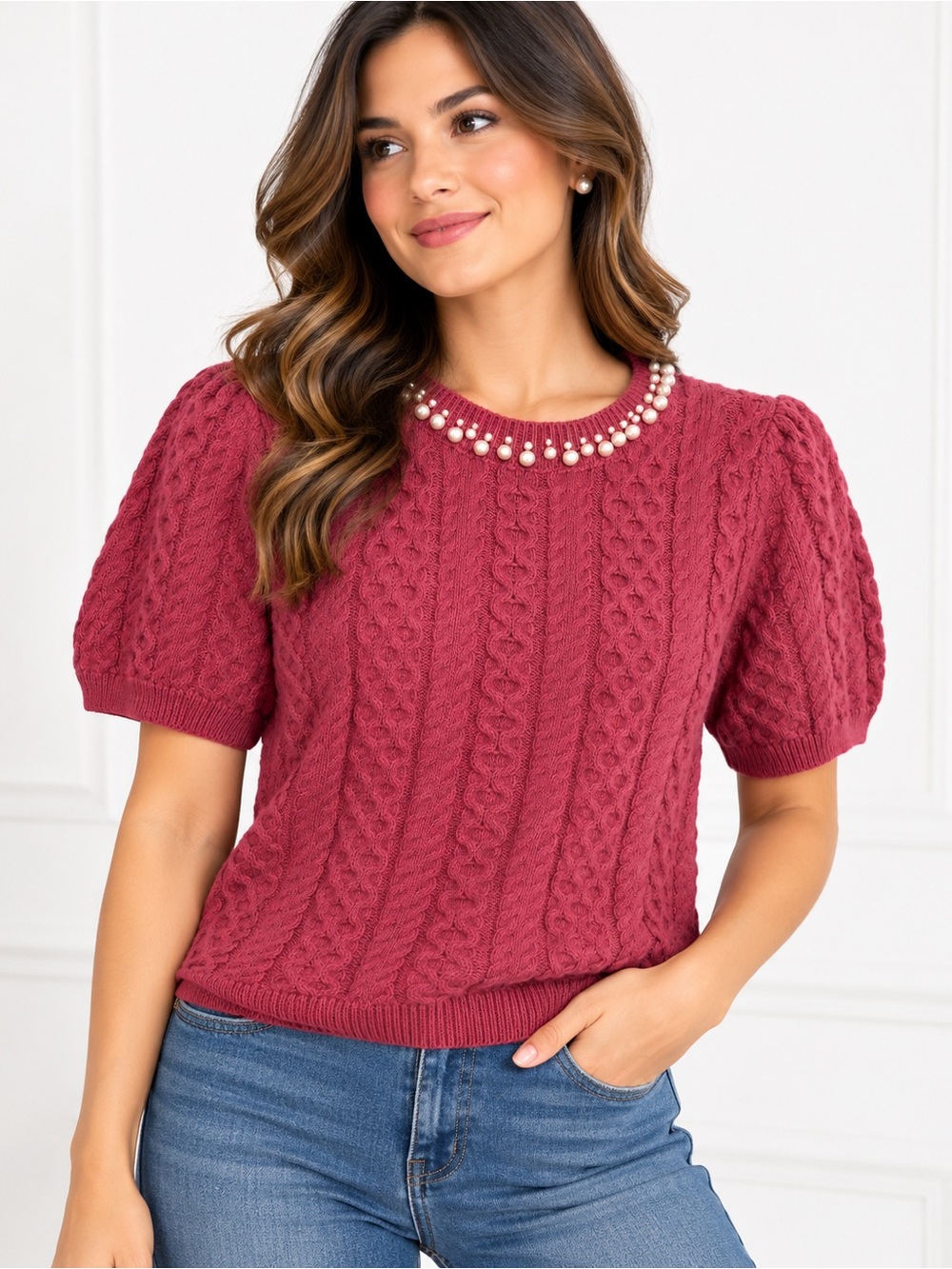 CeCe Raspberry Pink Pearl-Trim Cable Knit Short Sleeve Sweater